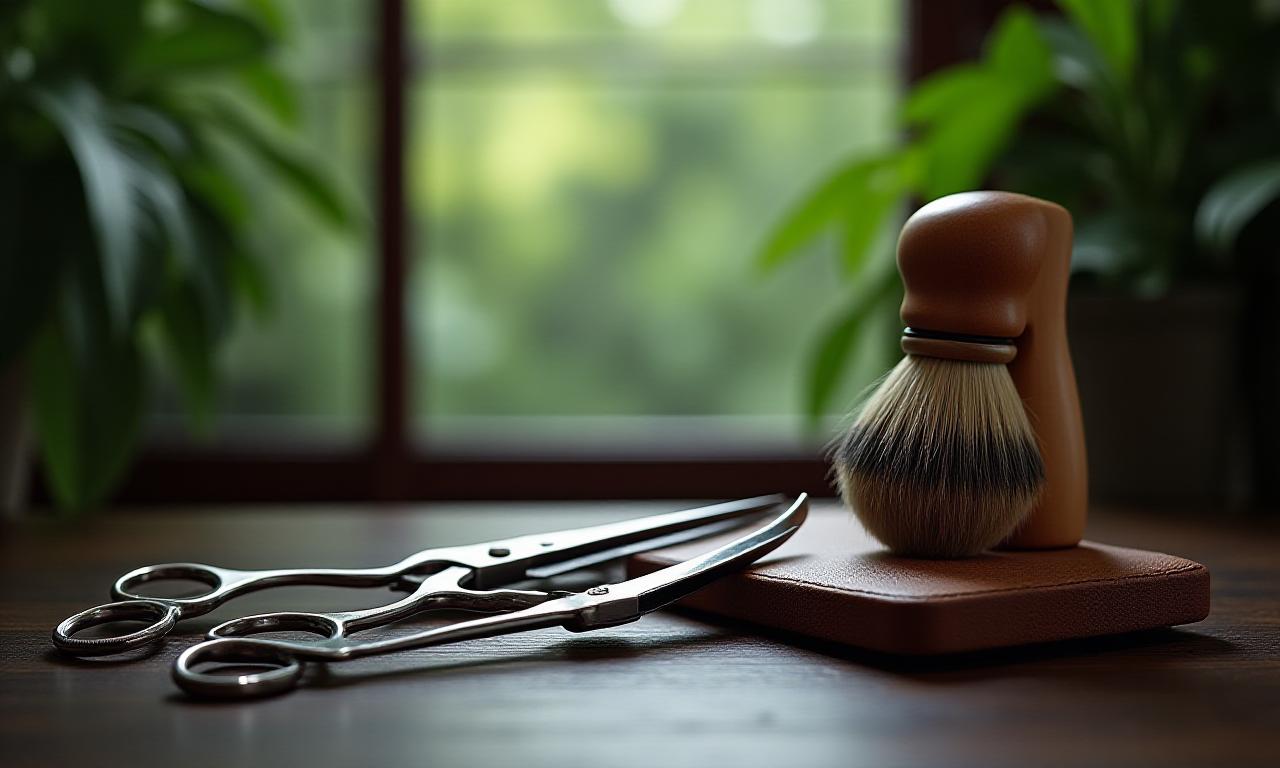 落ち着いた森の風景とバーバーの道具